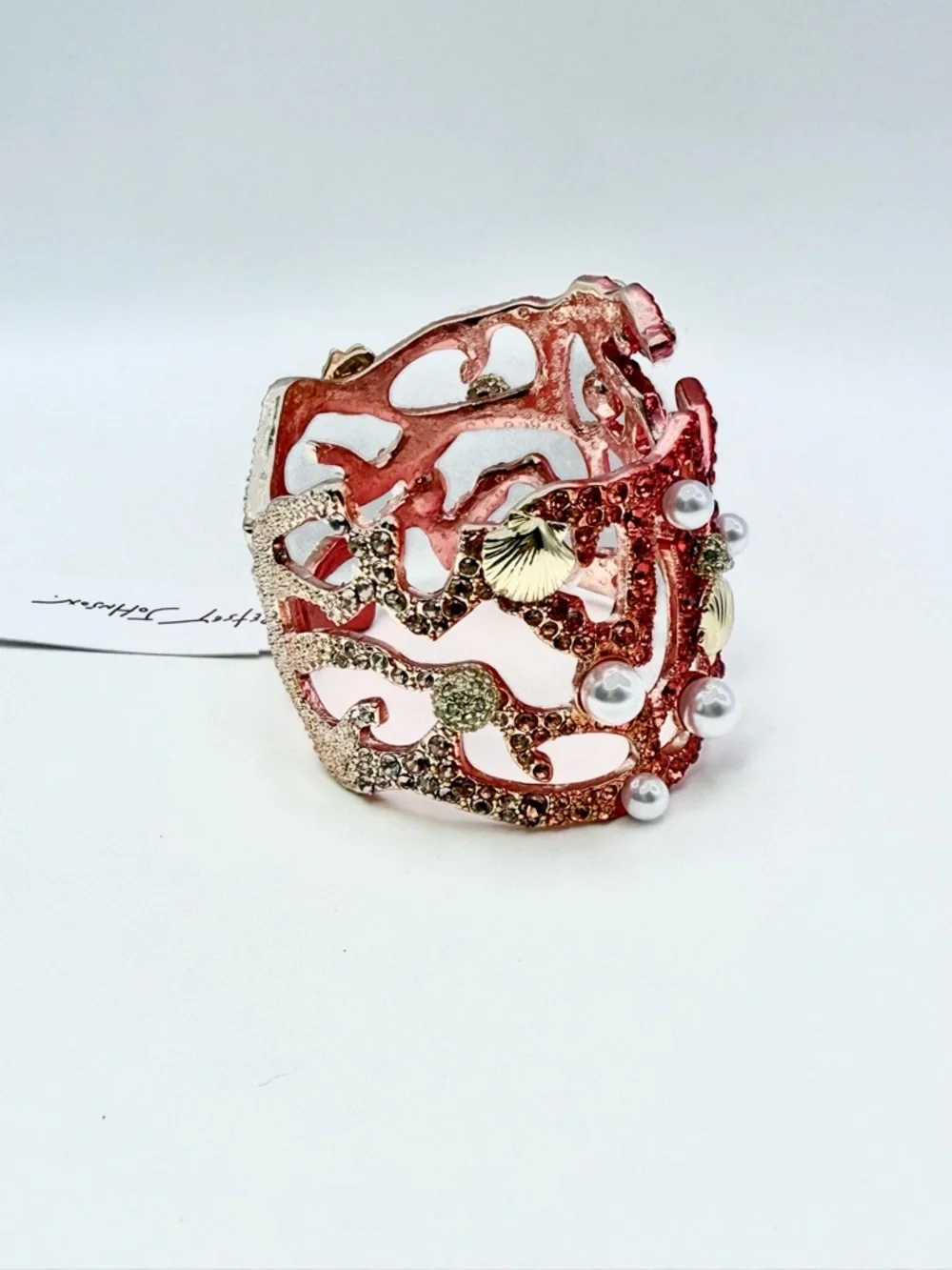 Betsey Johnson Red Orange Gold Coral Cuff hinged Bracelet with Pearls